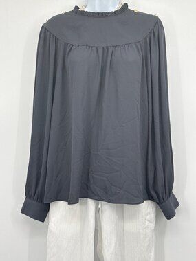 LOFT Gray Ruffled High Neck Blouse Romantic Dark Academia Victorian Style Top L